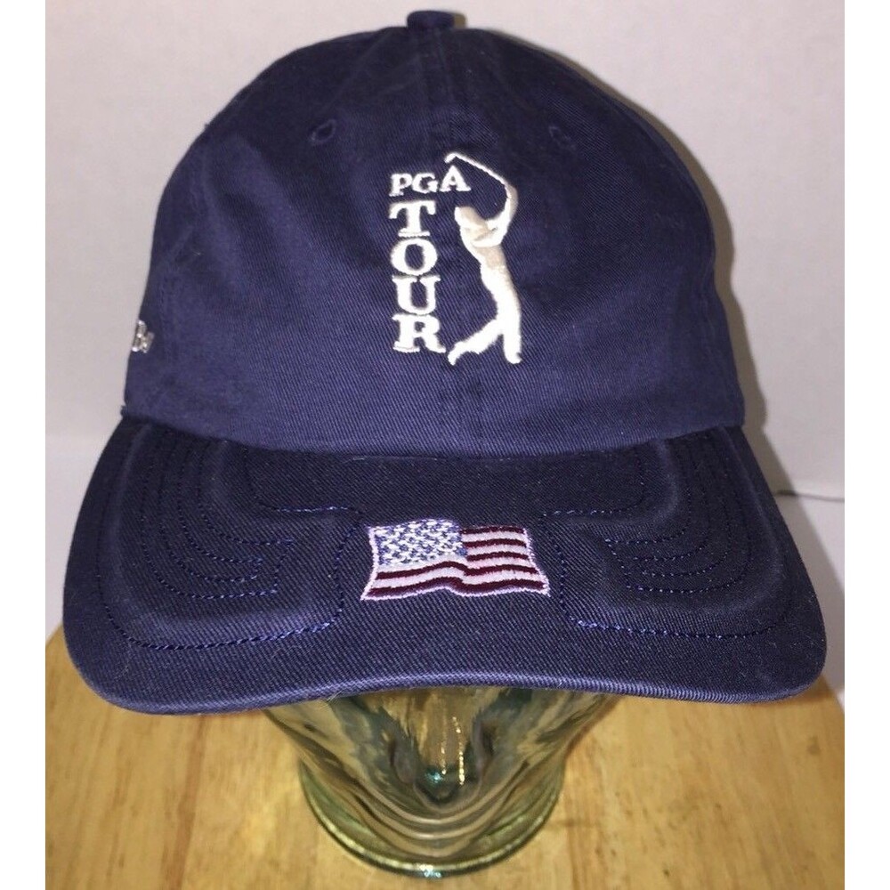 Vintage PGA TOUR TPC Heron Bay Hat Cap GOLF Buckle Back USA American Flag Visor